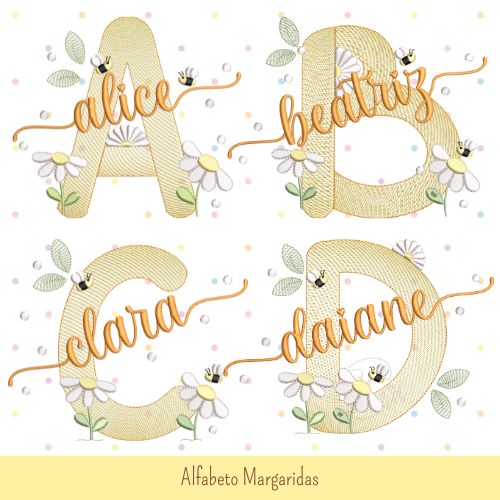 Matrizes de Bordado - Alfabeto Margaridas com nomes